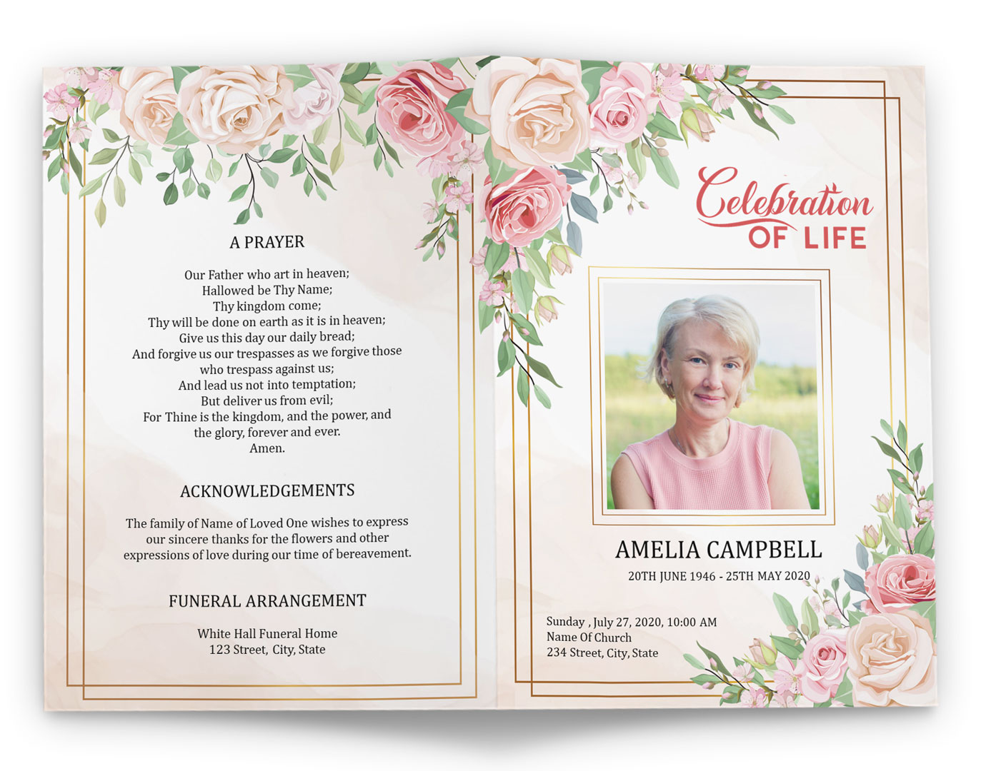 Celebration Of Life Program Template With Roses Design Download Now 