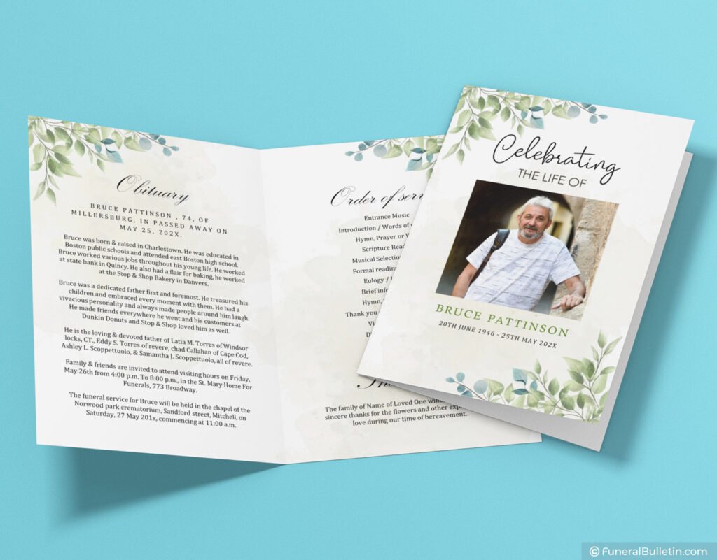 Celebration Of Life Brochure Template Green Floral Printable