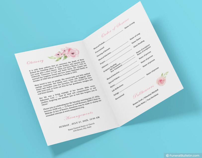 funeral order of service template roses wtaercolor