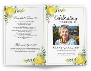 template for celebration of life invitation with yellow roses cover