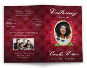 Celebration of life background template with burgundy diamond pattern, gold oval photo frame, and red rose decorations