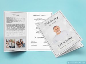 Complete funeral pamphlet template layout showing all four pages with elegant floral borders and organized content sections