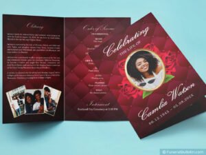 Elegant celebration of life background template complete layout displaying all four pages with rose motifs and professional typography